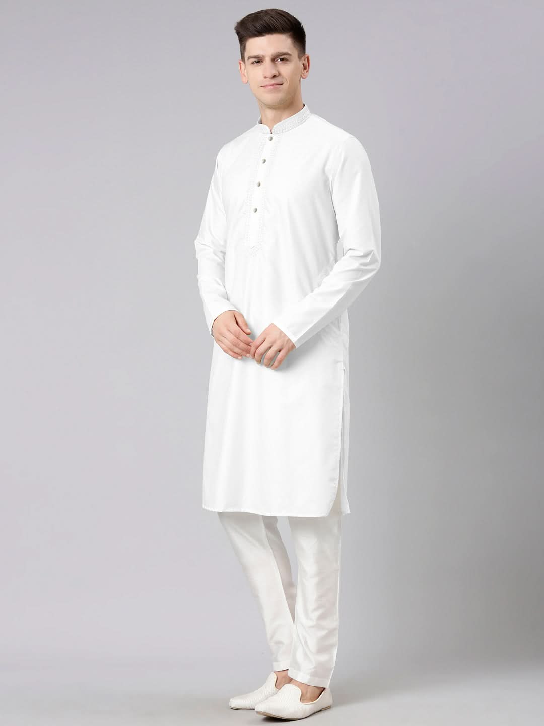 White Cotton Dori Embroidery Kurta Set