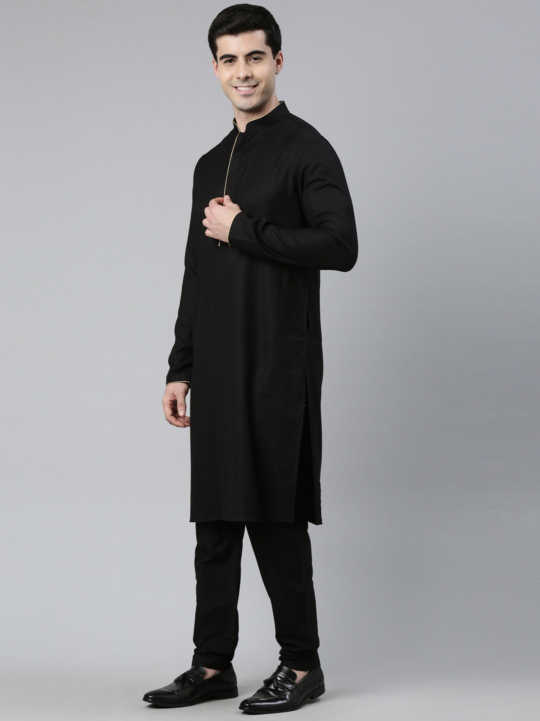 Black Gold Jacquard Print With Black Kurta
