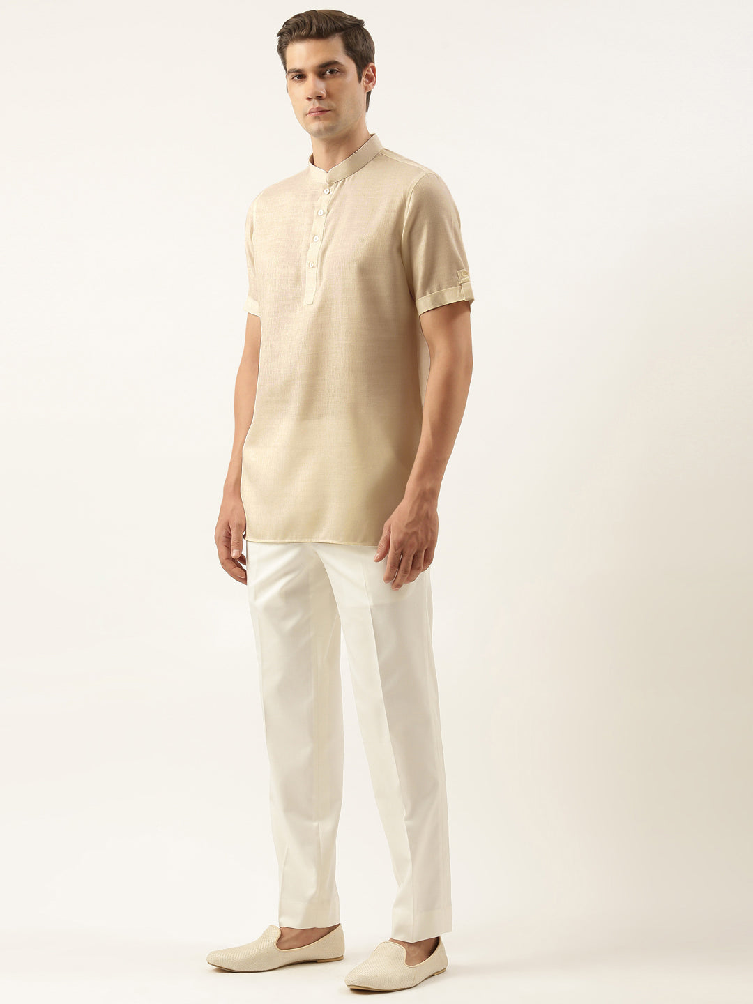 Beige Yellow Cotton Short Kurta Set