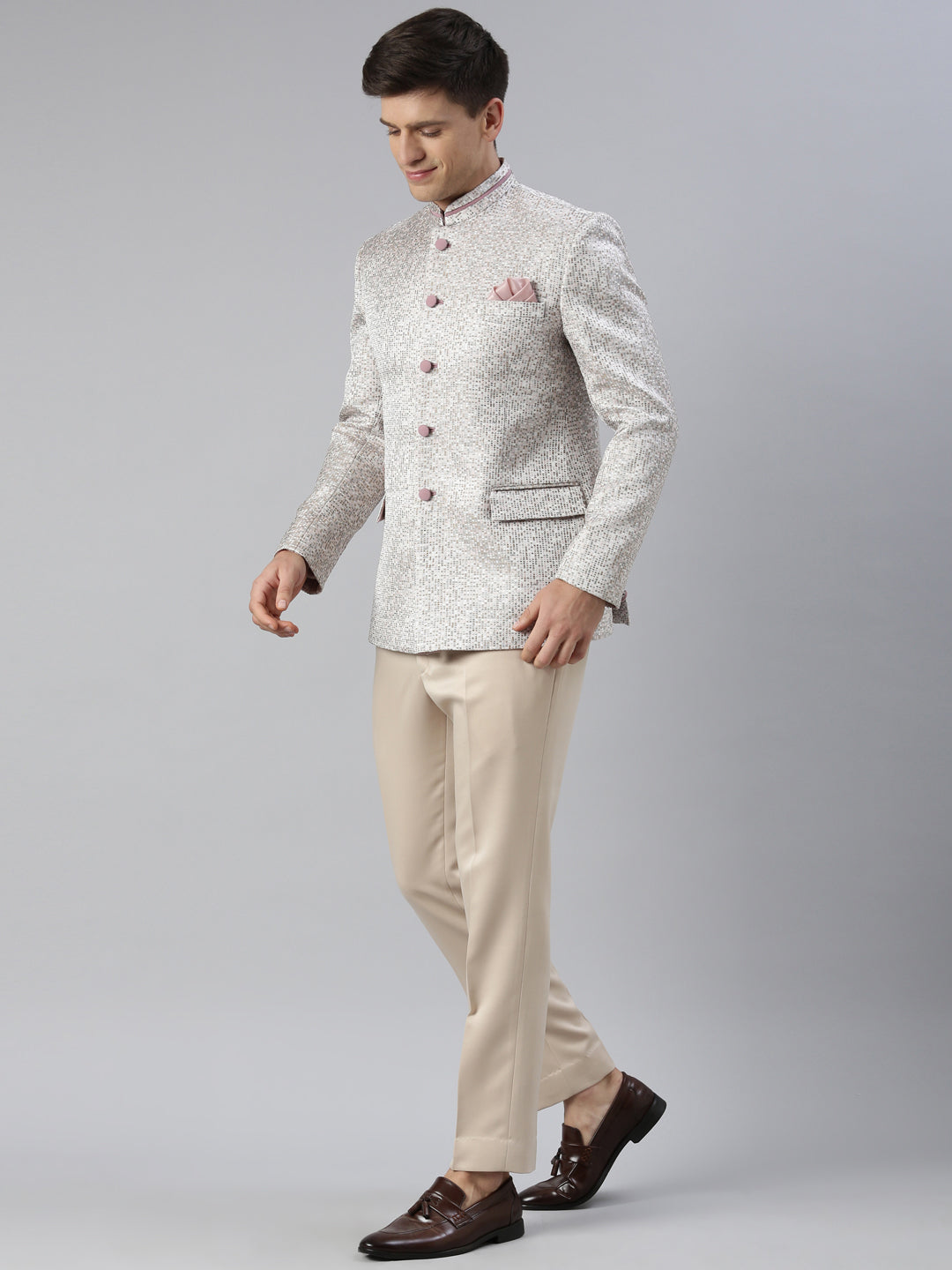 Pink Grey Jacquard Bandhgala Set