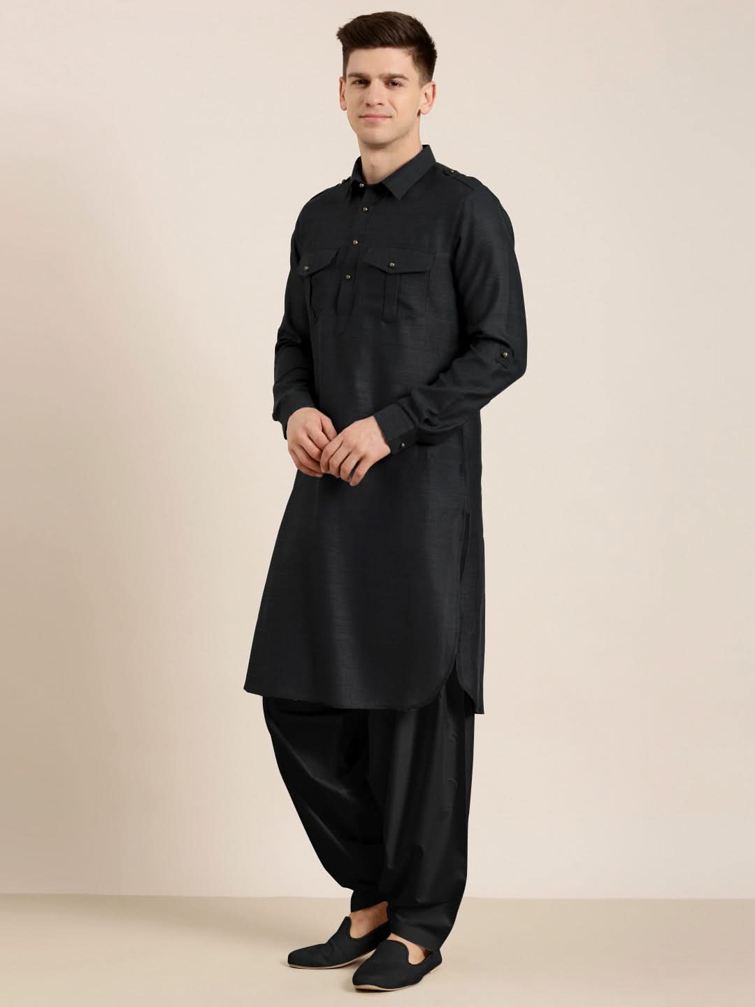 Black Cotton Pathani With Salwar