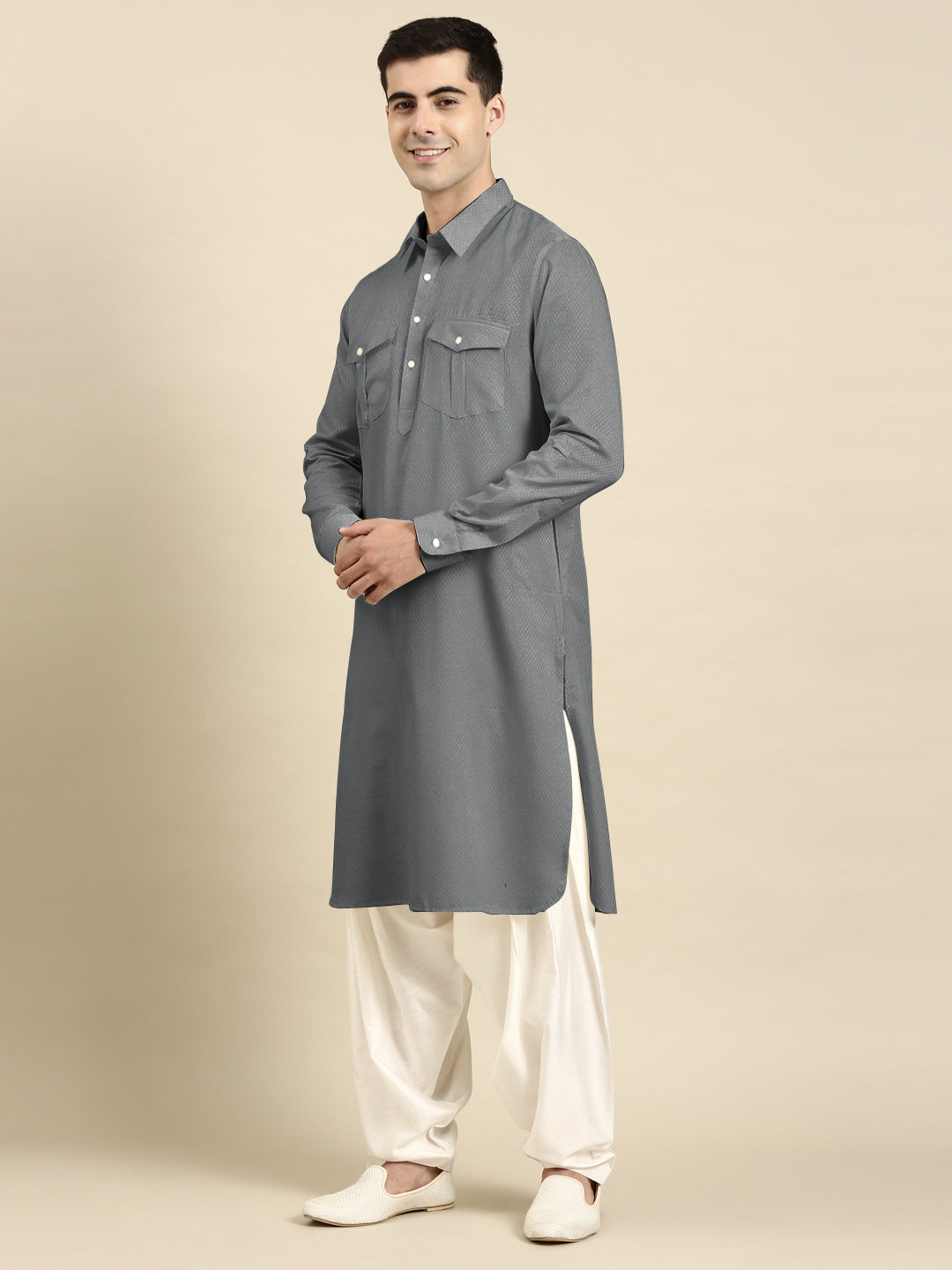 Grey Cotton Pathani with Salwar