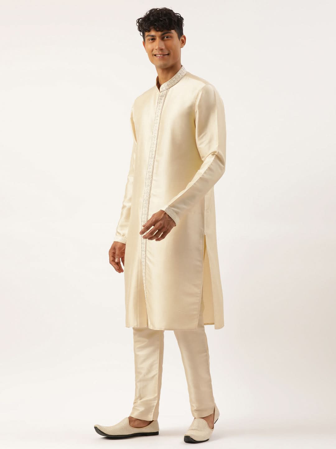 Cream Shimmer Embroidery Indowestern with Kurta Set