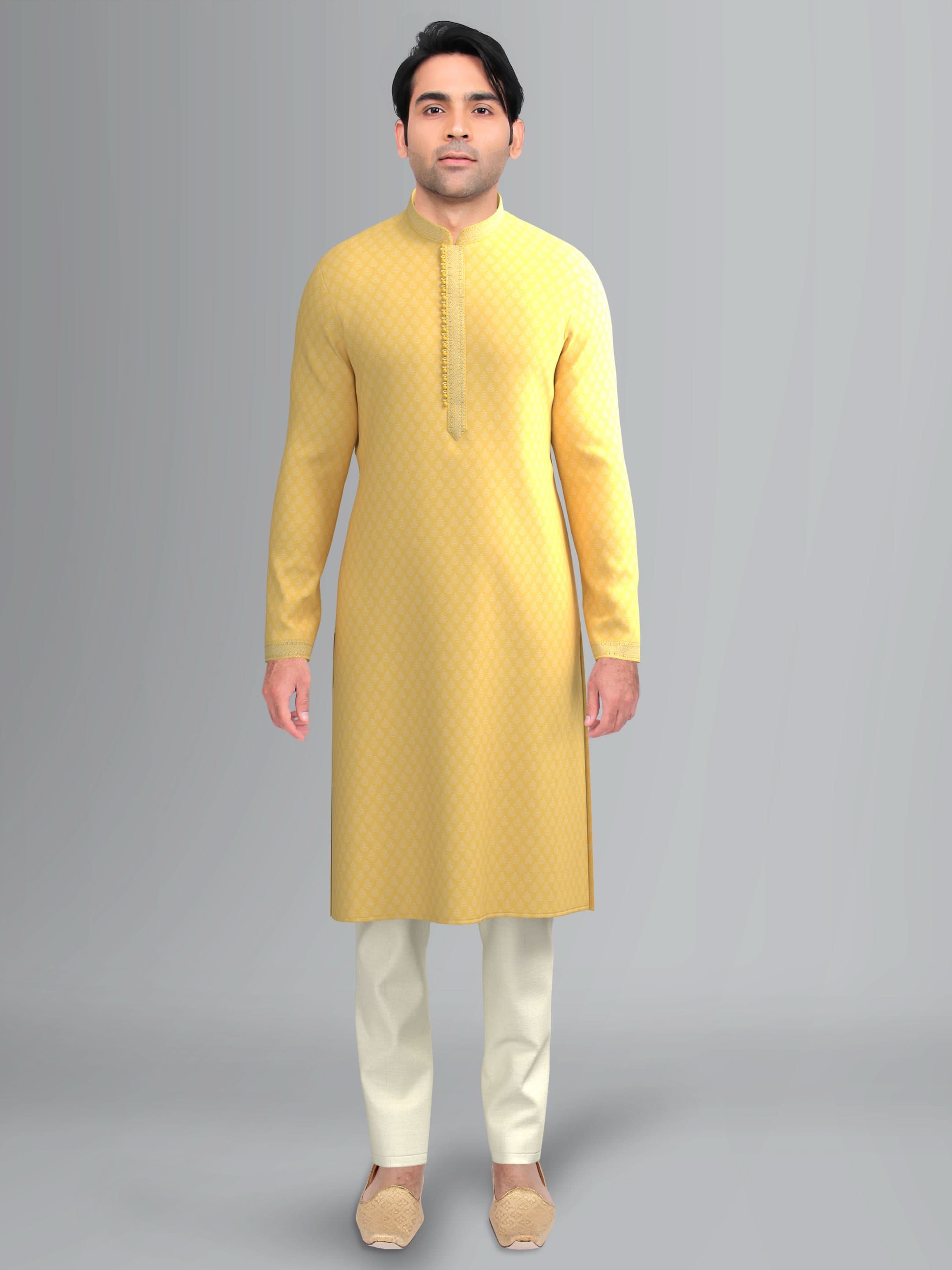 Yellow jacquard Embroidered Kurta