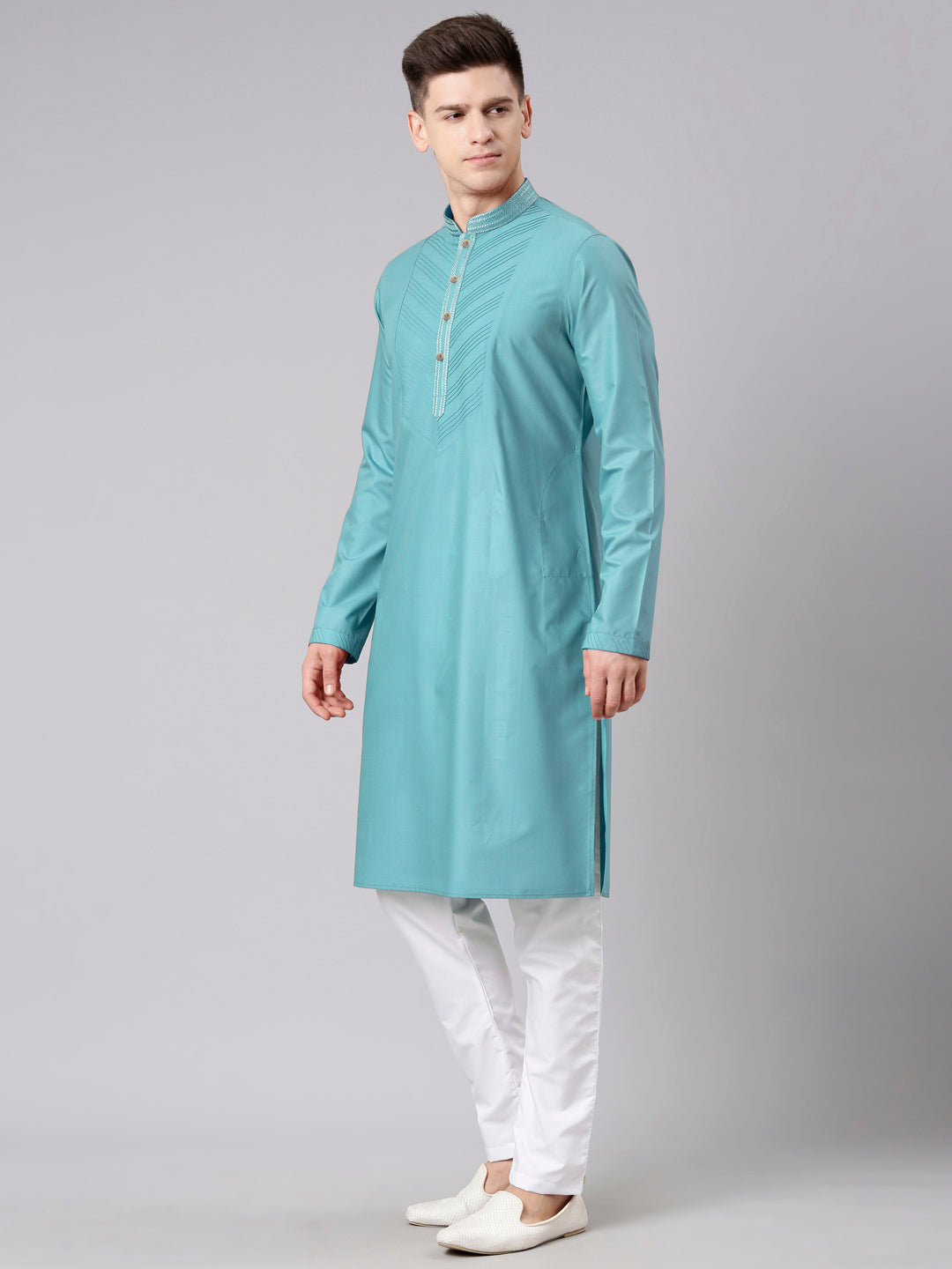 Teal Pleated Cotton Kurta Set