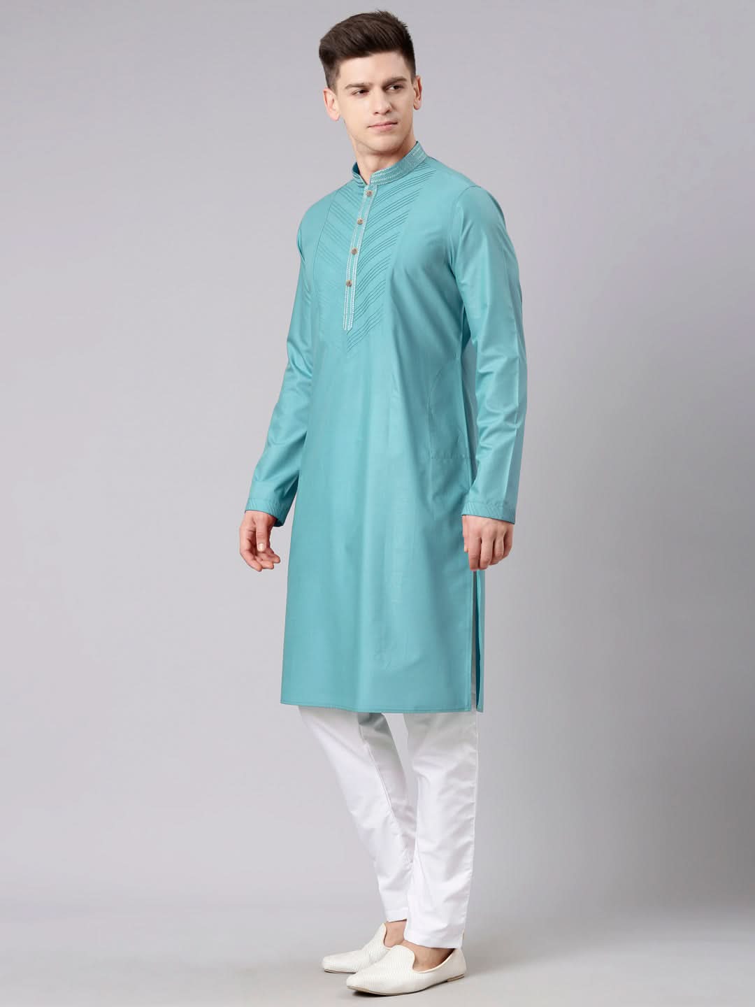 Teal Pleated Cotton Kurta Set