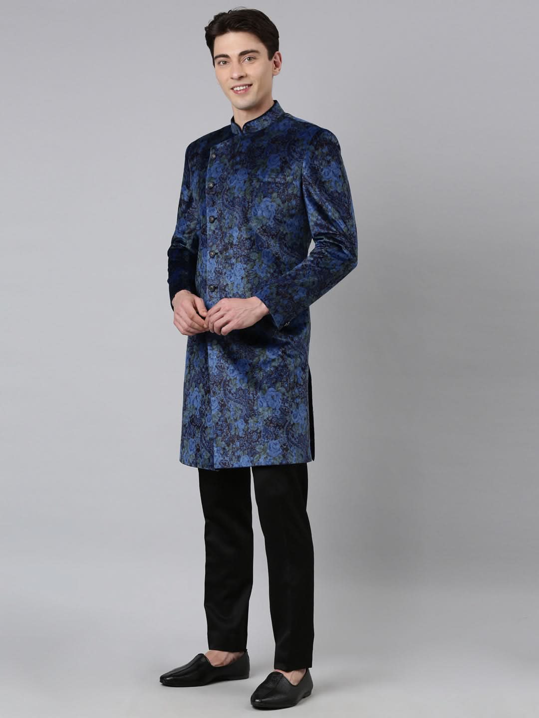 Blue Printed Velvet Angrakha Indowestern