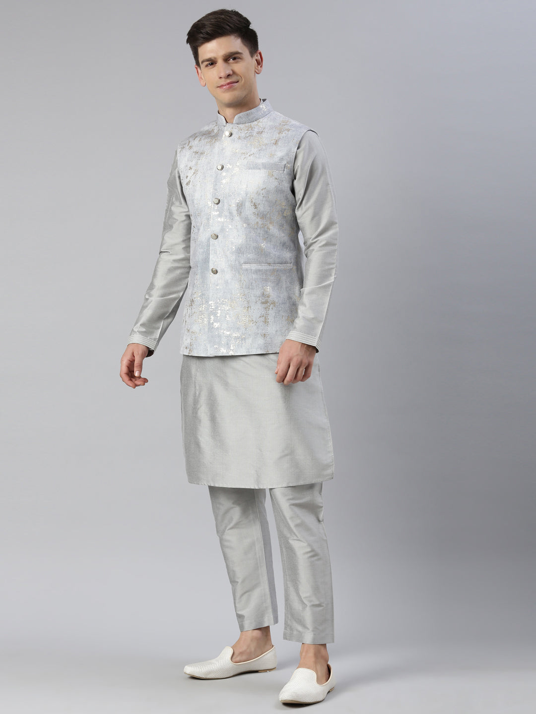 Grey Velvet Jacket With Grey Kurta Set