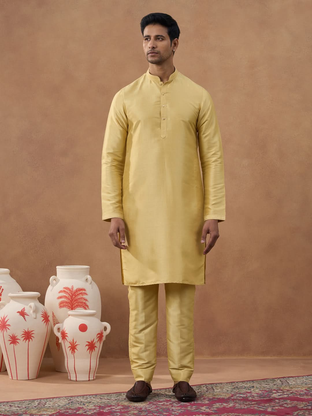 Gold Herringbone Printed Bundi Kurta Set