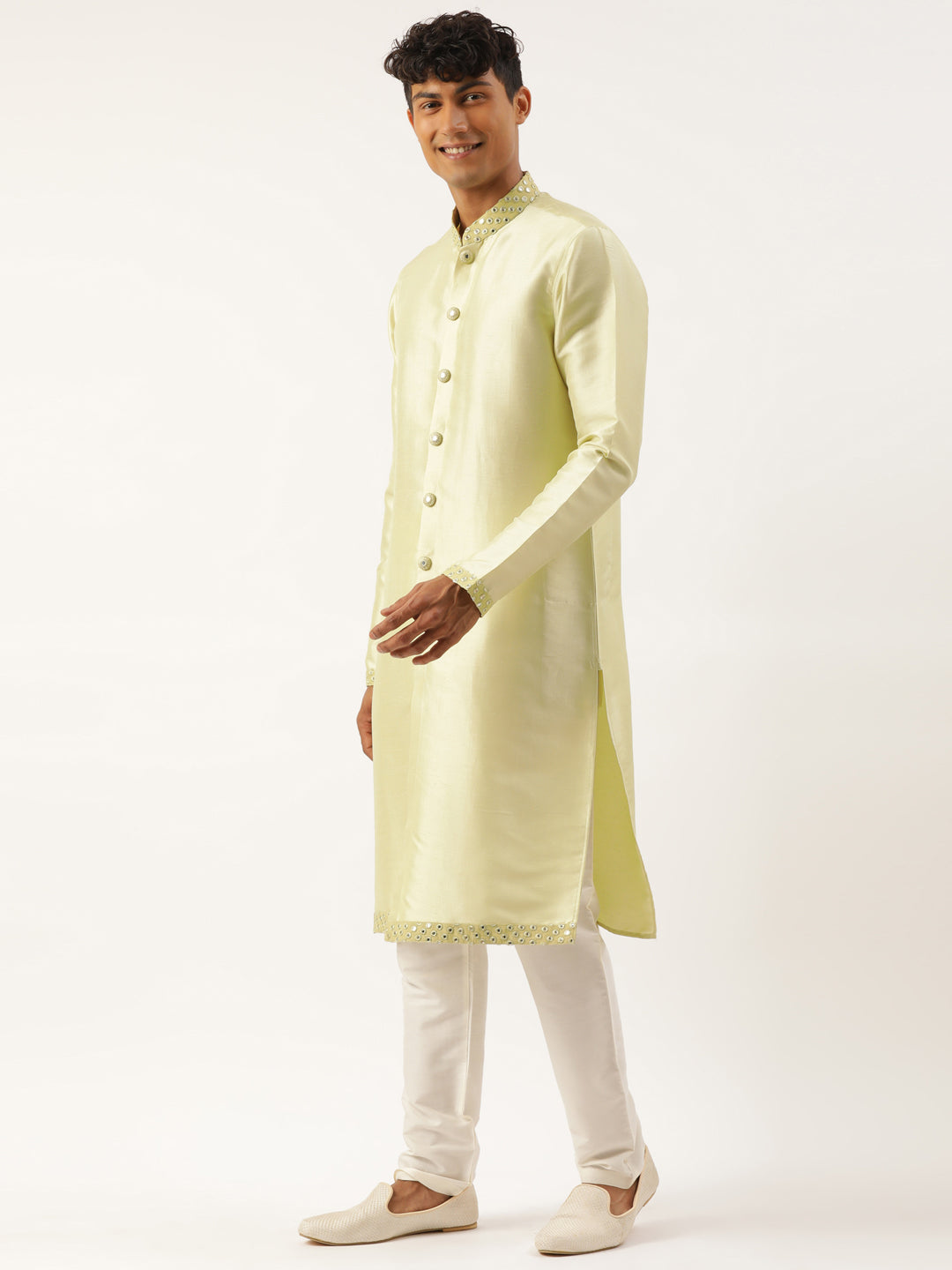 Pistachio  Mirror Embroidered  Indowestern With Kutra