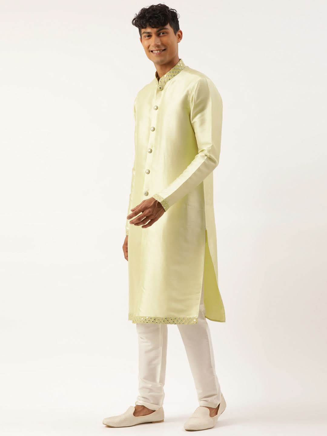 Pistachio Mirror Embroidered Indowestern With Kutra