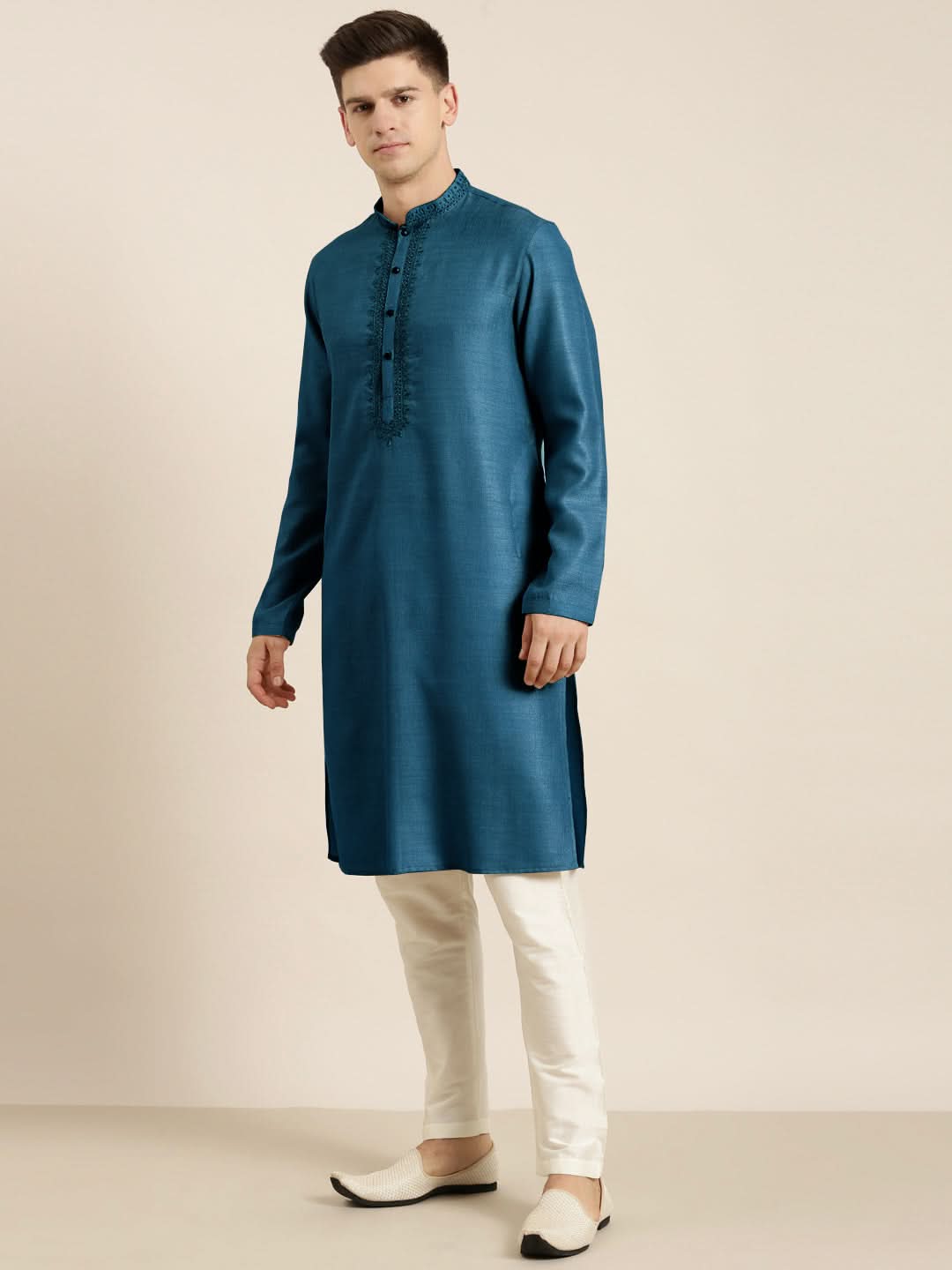 Denim Blue cotton Dori Embroidered Kurta
