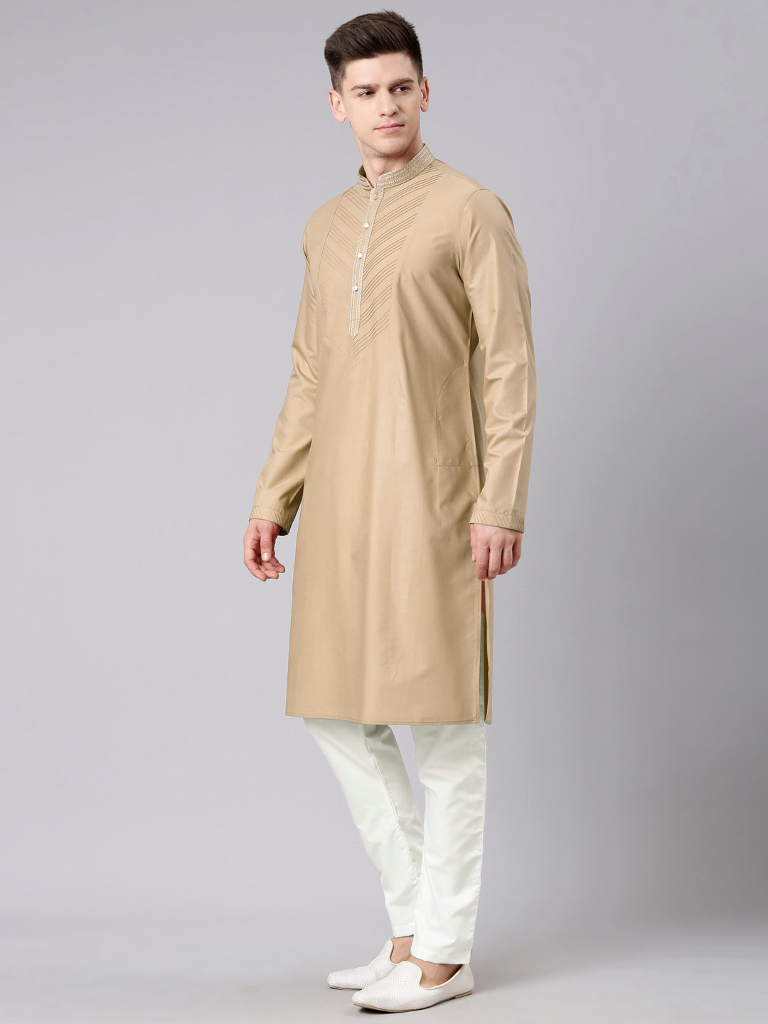 Beige Pleated Cotton Kurta Set