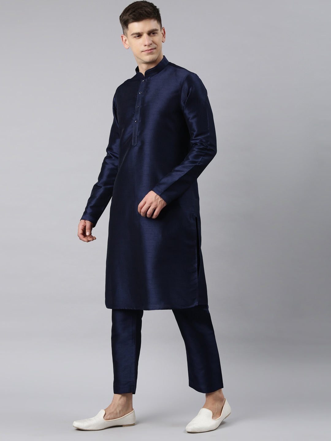 Grey Blue Jacquard Jacket with Navy Kurta Set