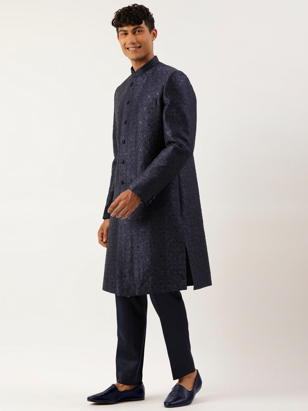 Navy Silk Embroidered Indowestern Set