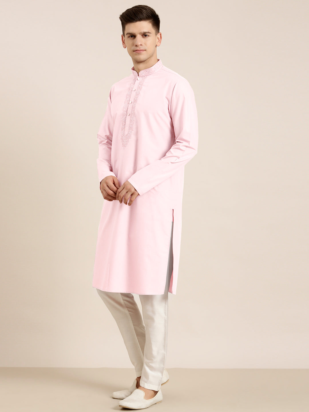 Pink Cotton Dori Embroidered Kurta Set