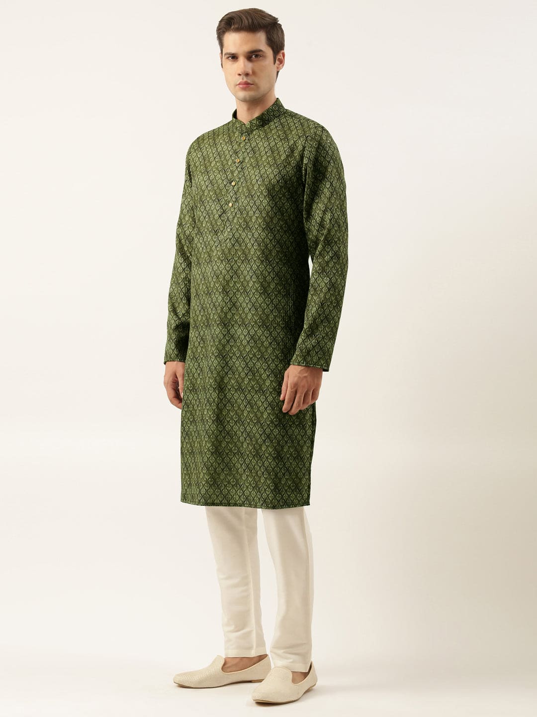 Olive Printed Sequin Embroidered Kurta Set