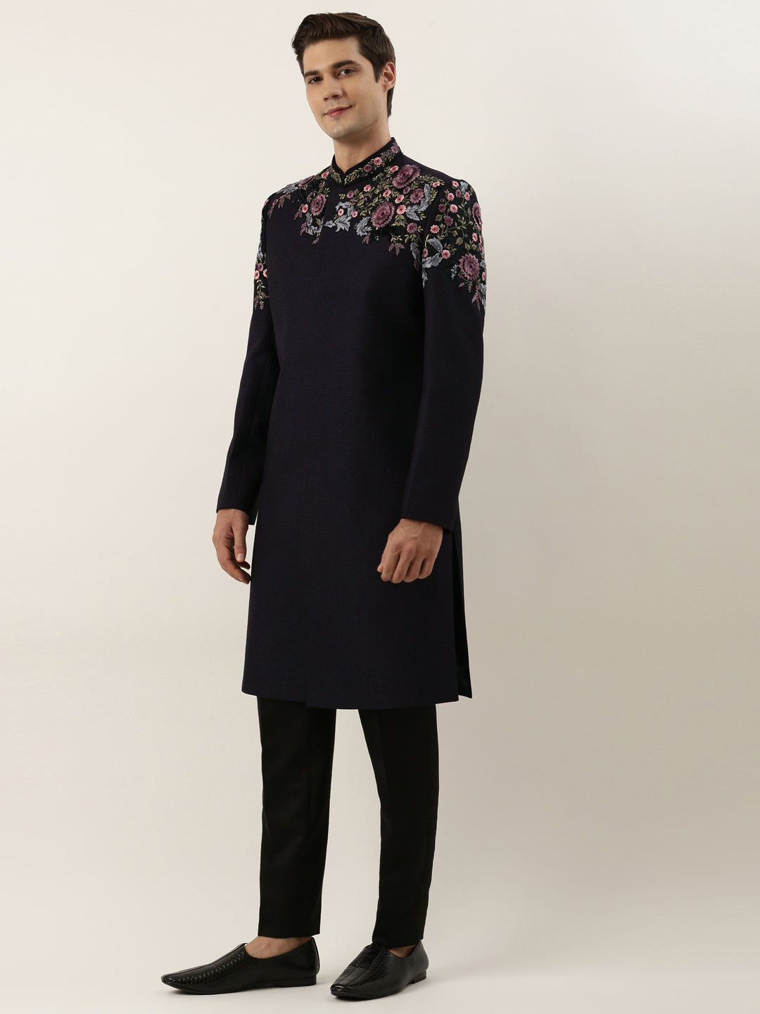 Wine Floral Embriodered Indowestern