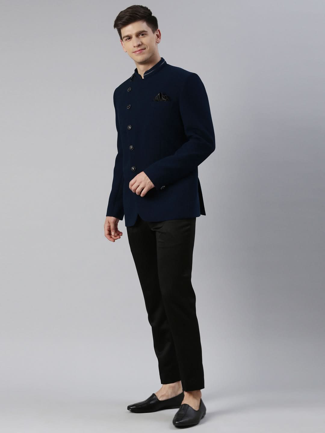 Teal Blue textured Bandhgala with leather detailing