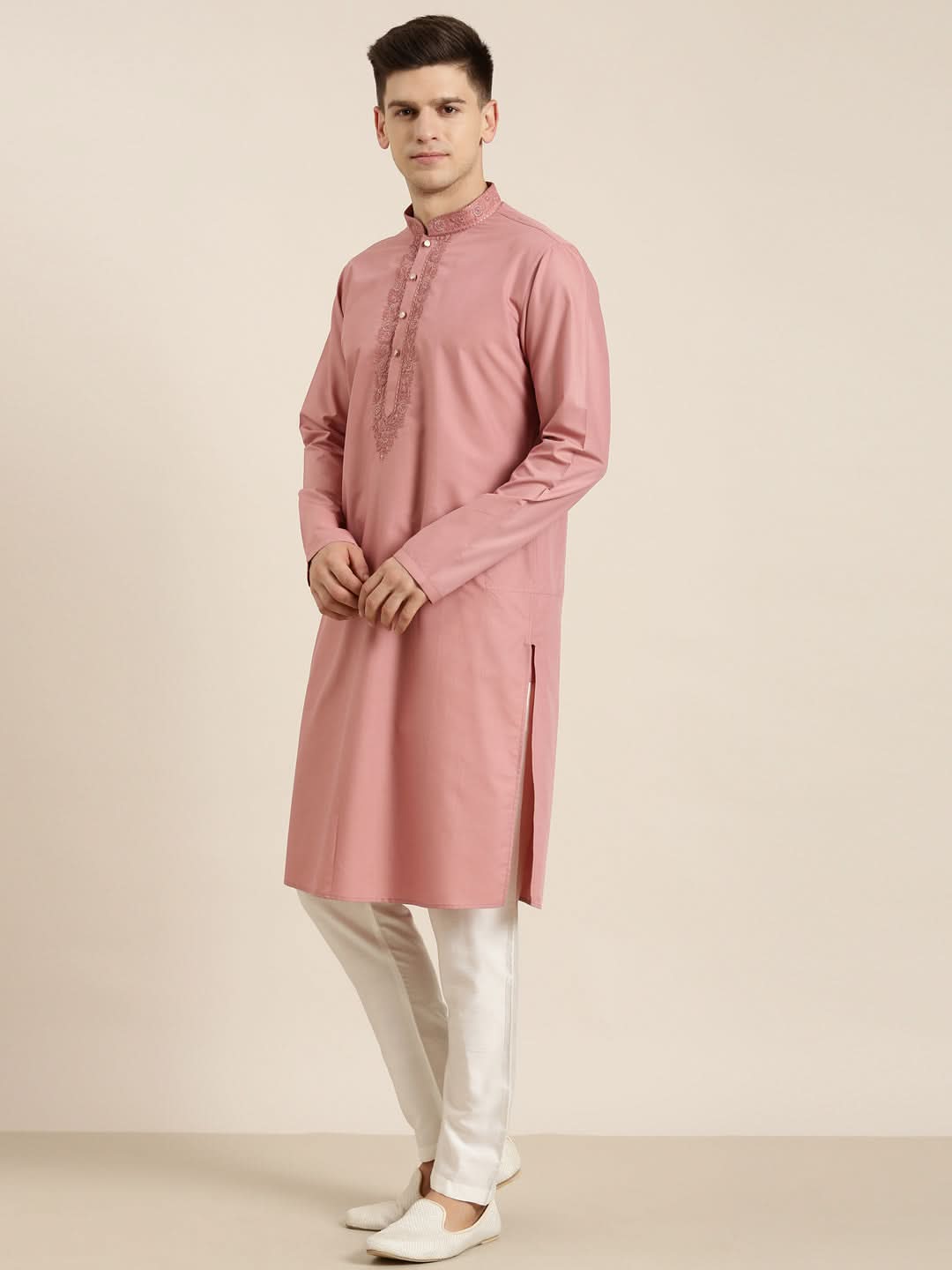 Rose Pink Cotton Dori Embroidered Kurta Set