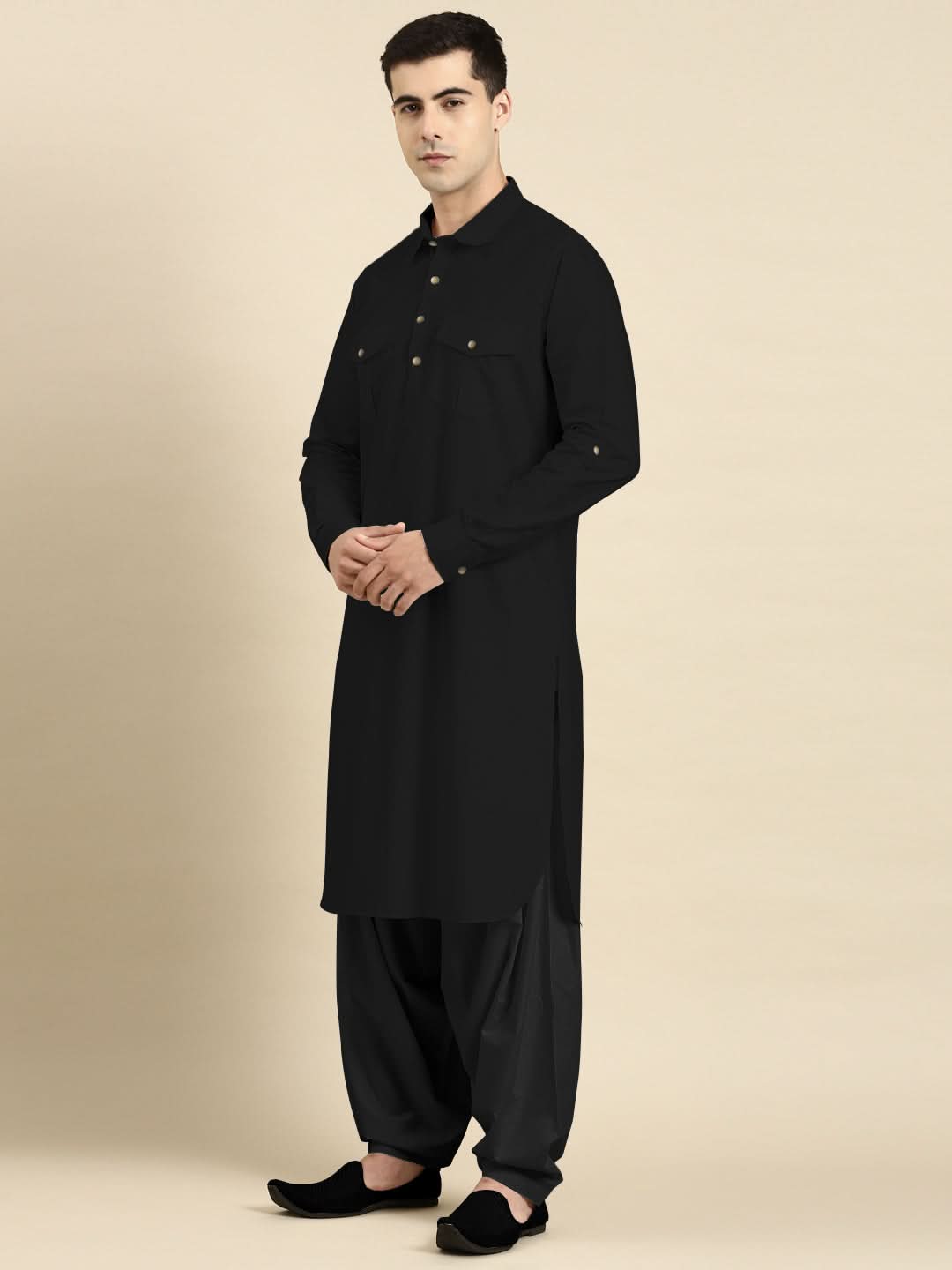 Black Fine Cotton Pathani With Salwar