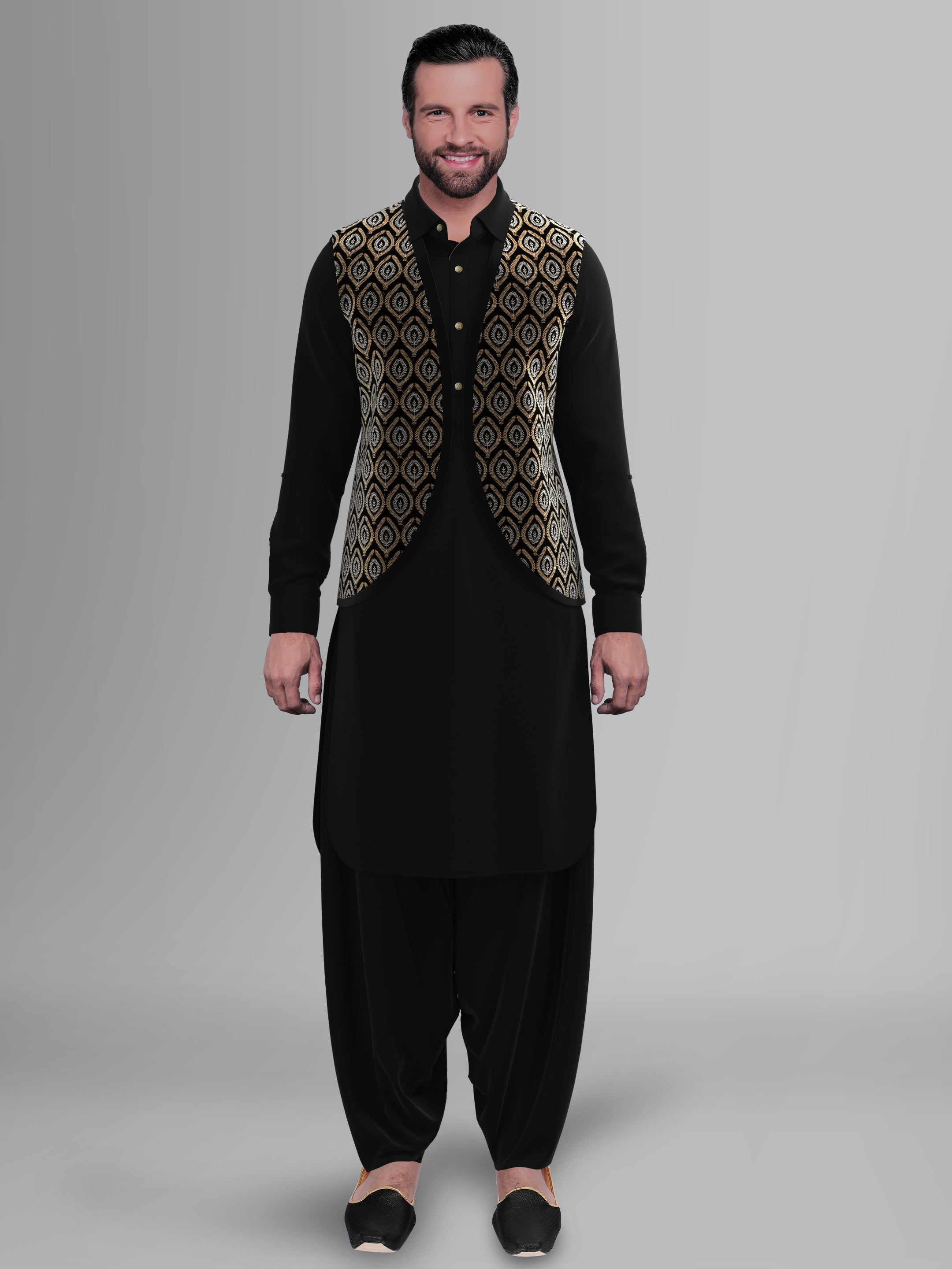 Black Velvet Embroidered Jacket Pathani Kurta Set
