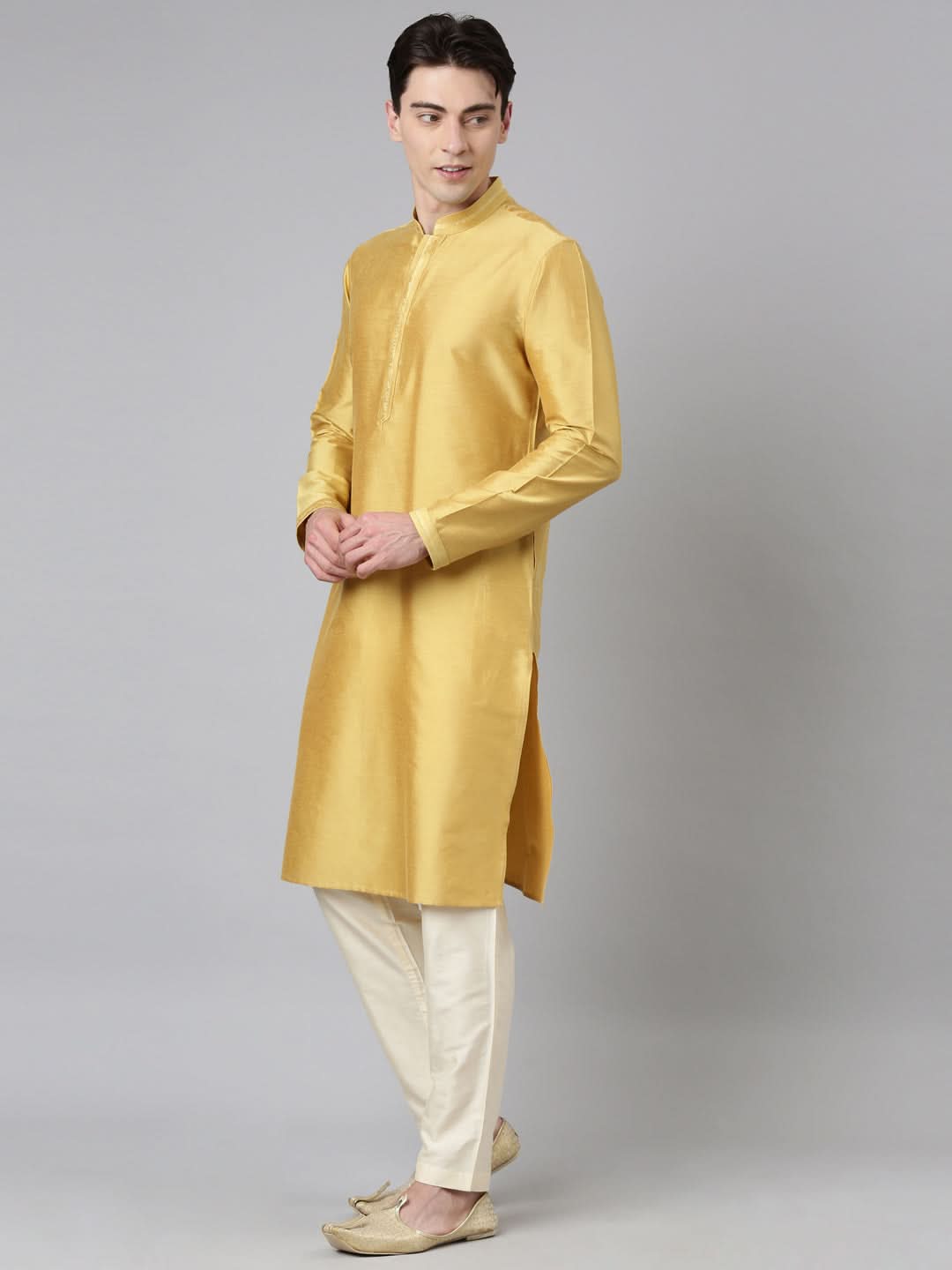 Mustard Jacquard Jacket With Kurta Set