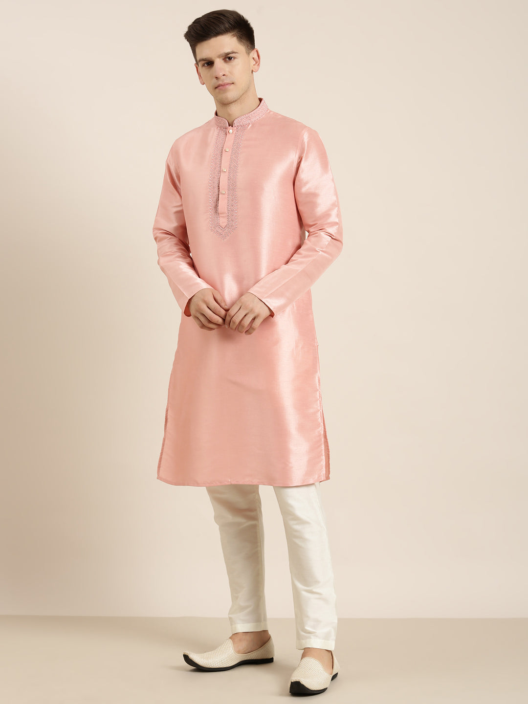 Peach Silk Embroidered Kurta Set