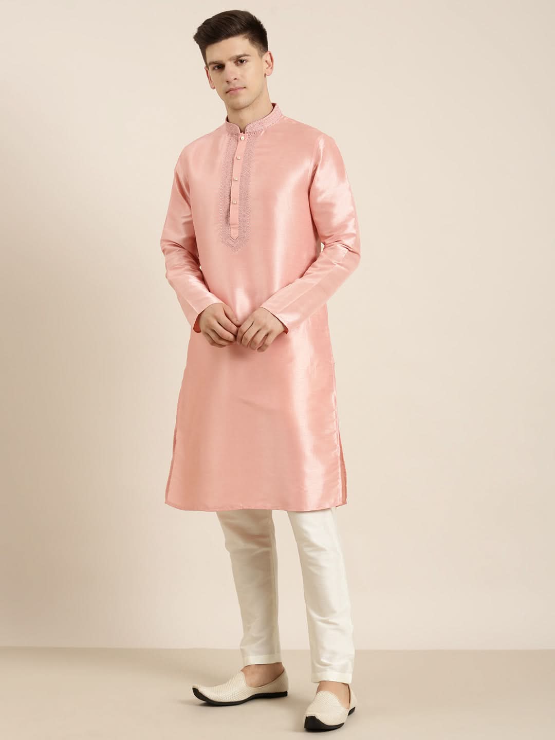 Peach Silk Embroidered Kurta Set