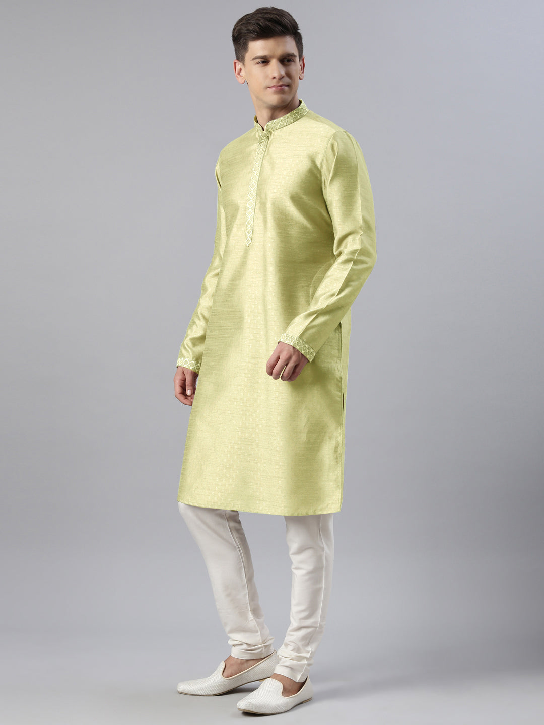 Dusty Green Self Jacquard Art Silk Embroidered Kurta Set