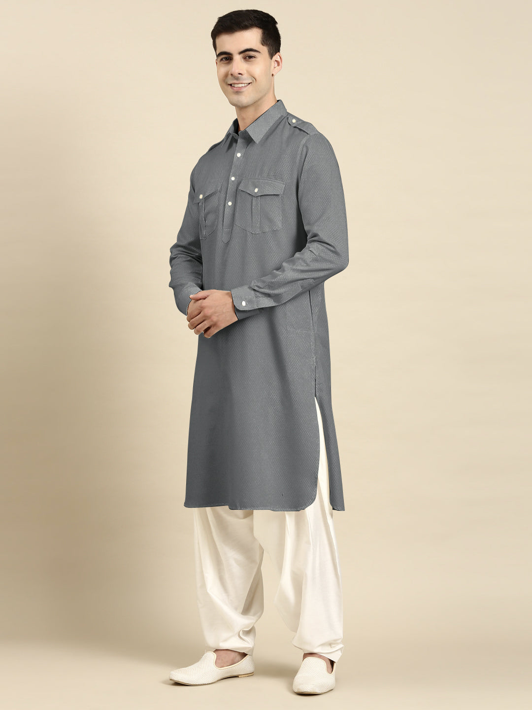Grey Cotton Pathani with Salwar