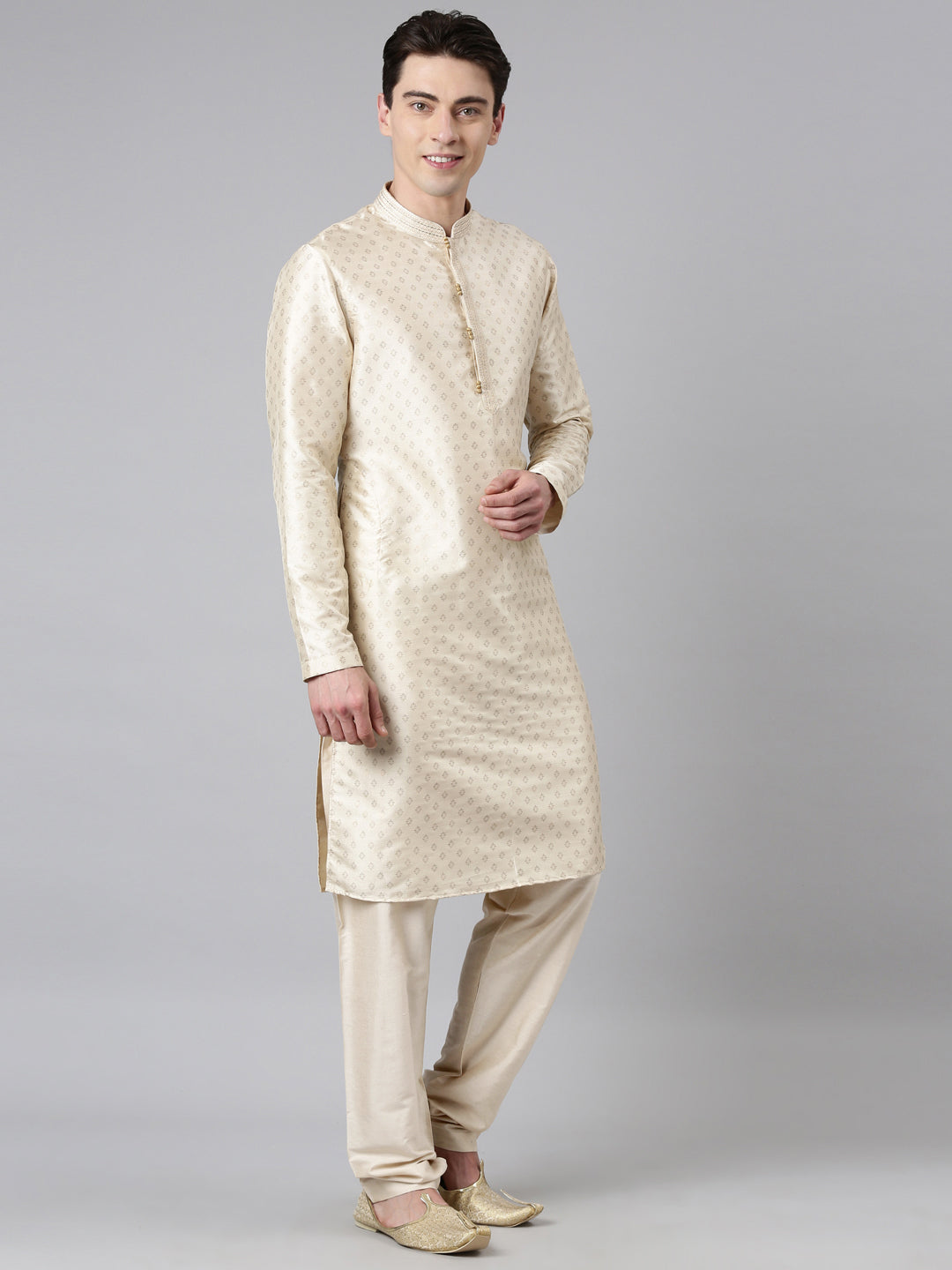 Cream Silk Gold Printed Kurta Set