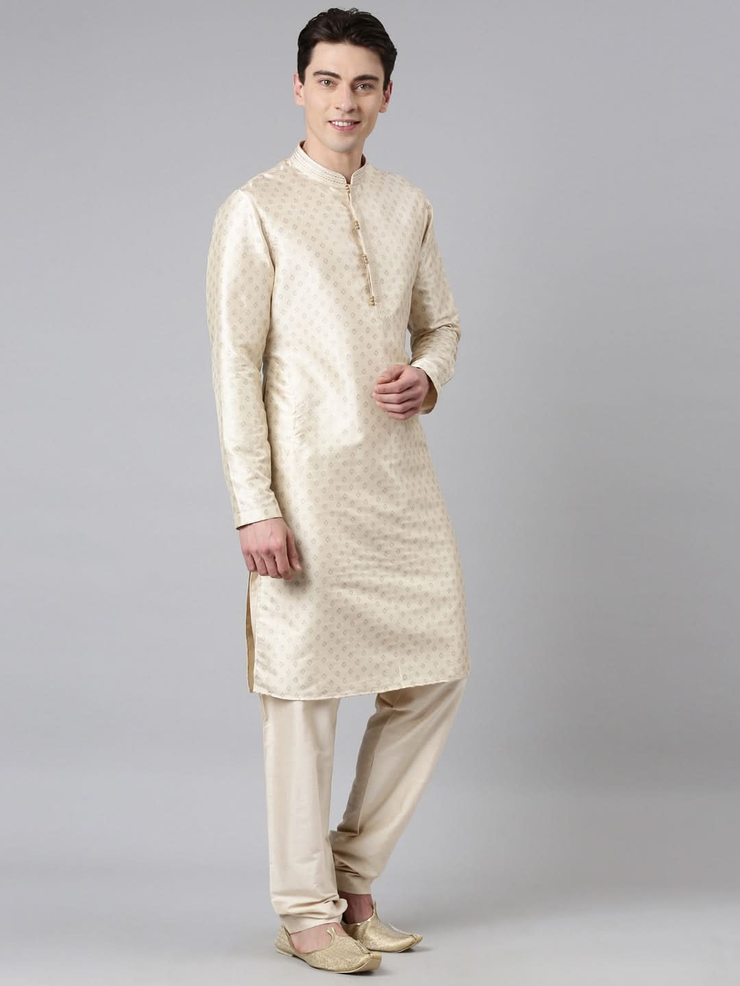 Cream Silk Gold Printed Kurta Set