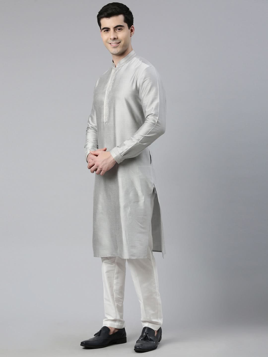 Grey Chanderi Booti Jacket with Kurta Set