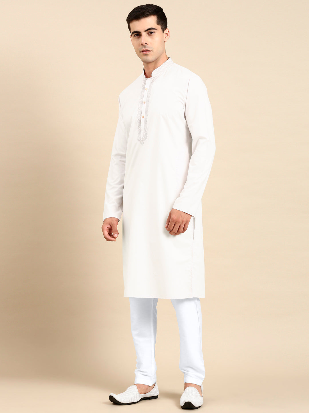 White Cotton Dori Embroidered Kurta Set