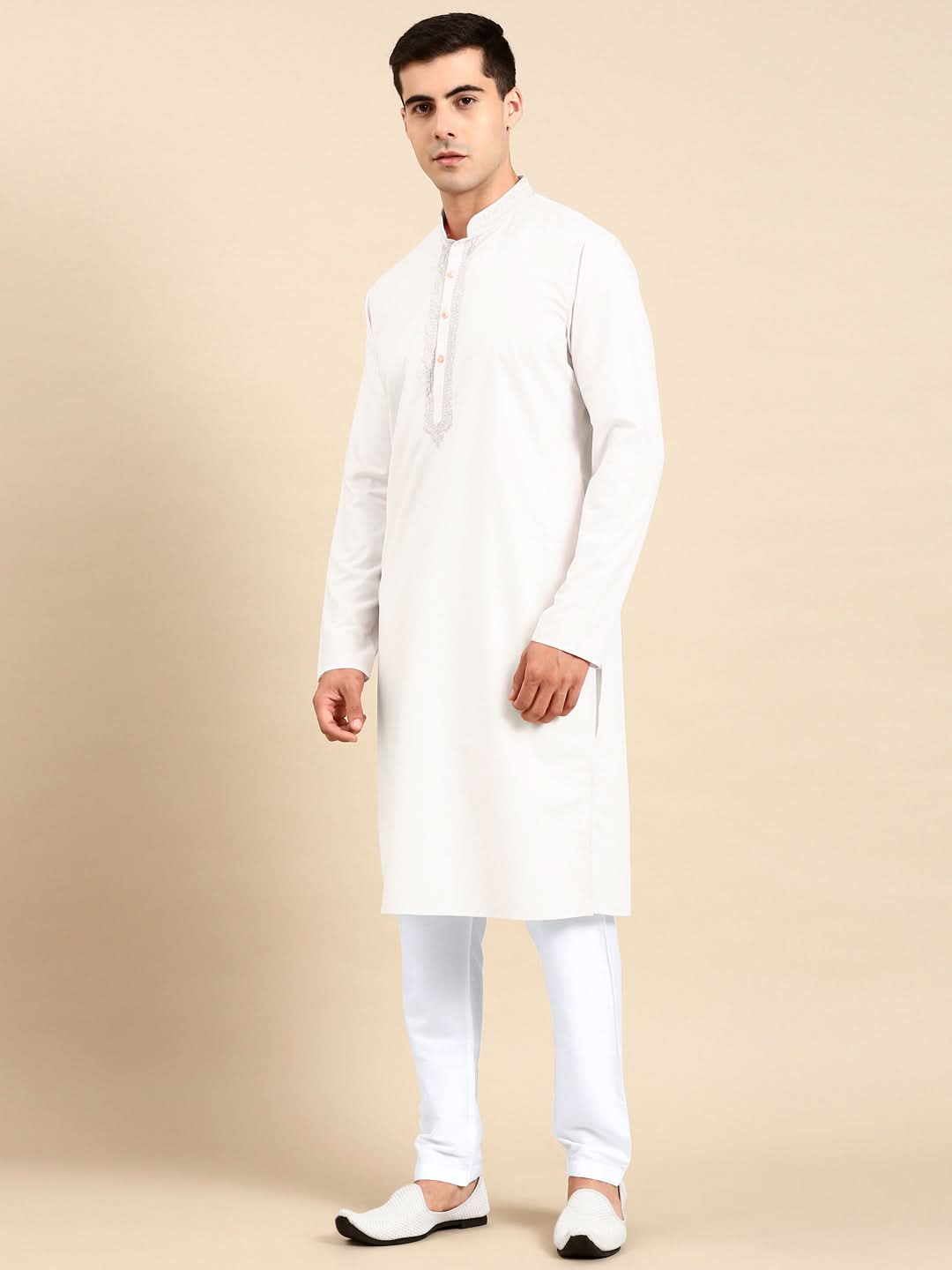 White Cotton Dori Embroidered Kurta Set