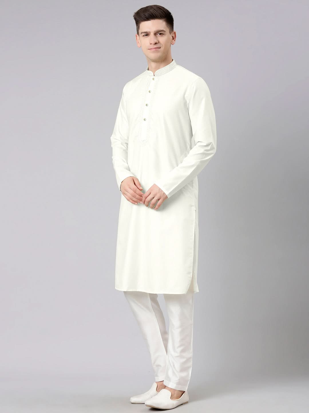 Off White Cotton Dori Embroidery Kurta Set