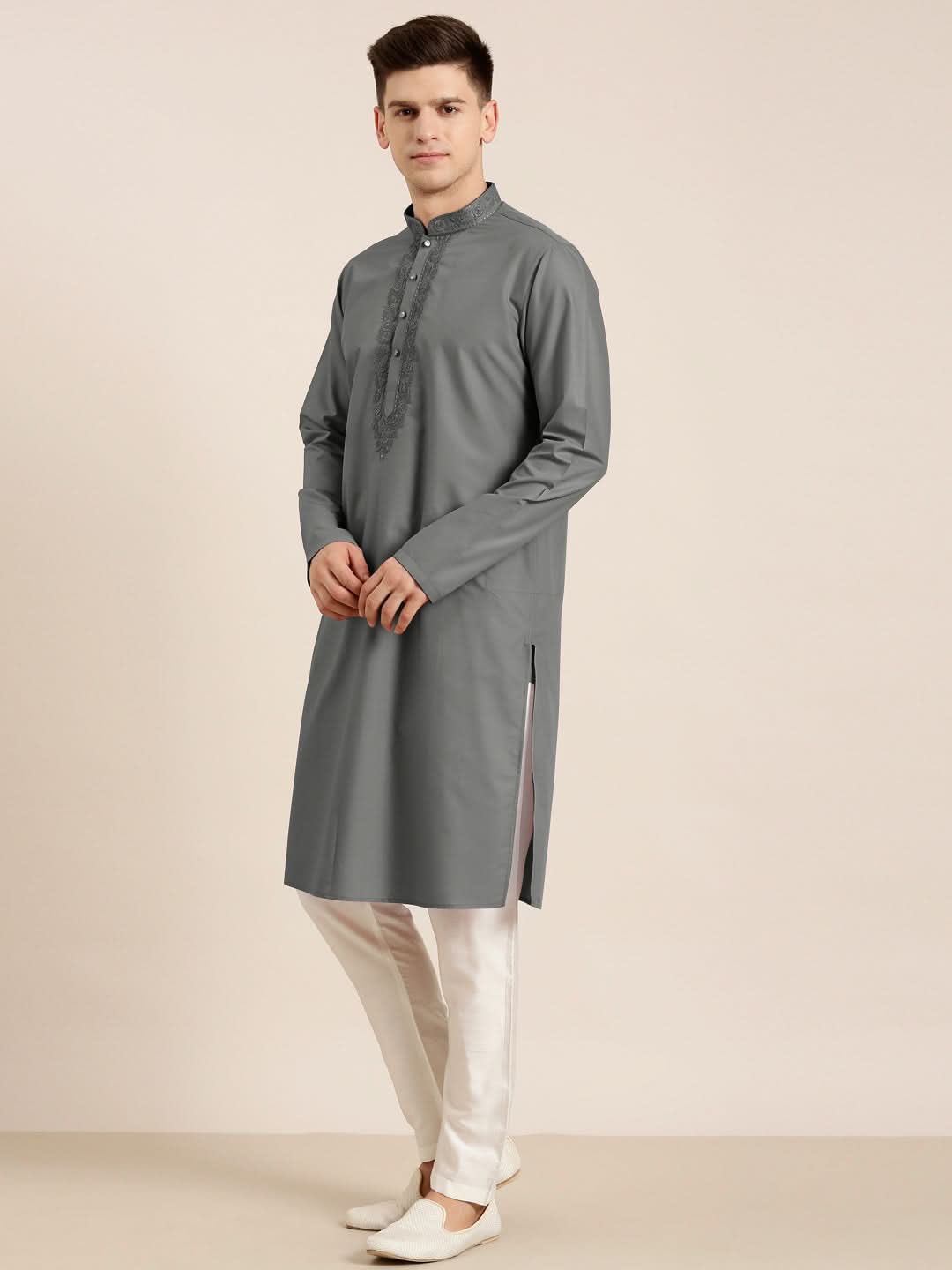 Grey Cotton Dori Embroidered Kurta Set