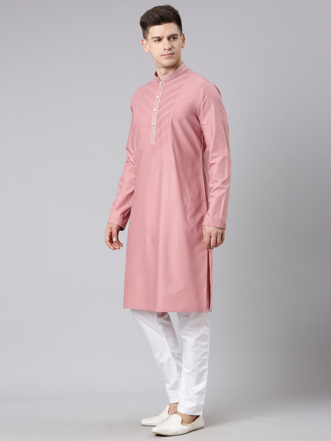 Rose Pink Pleated Cotton Kurta Set