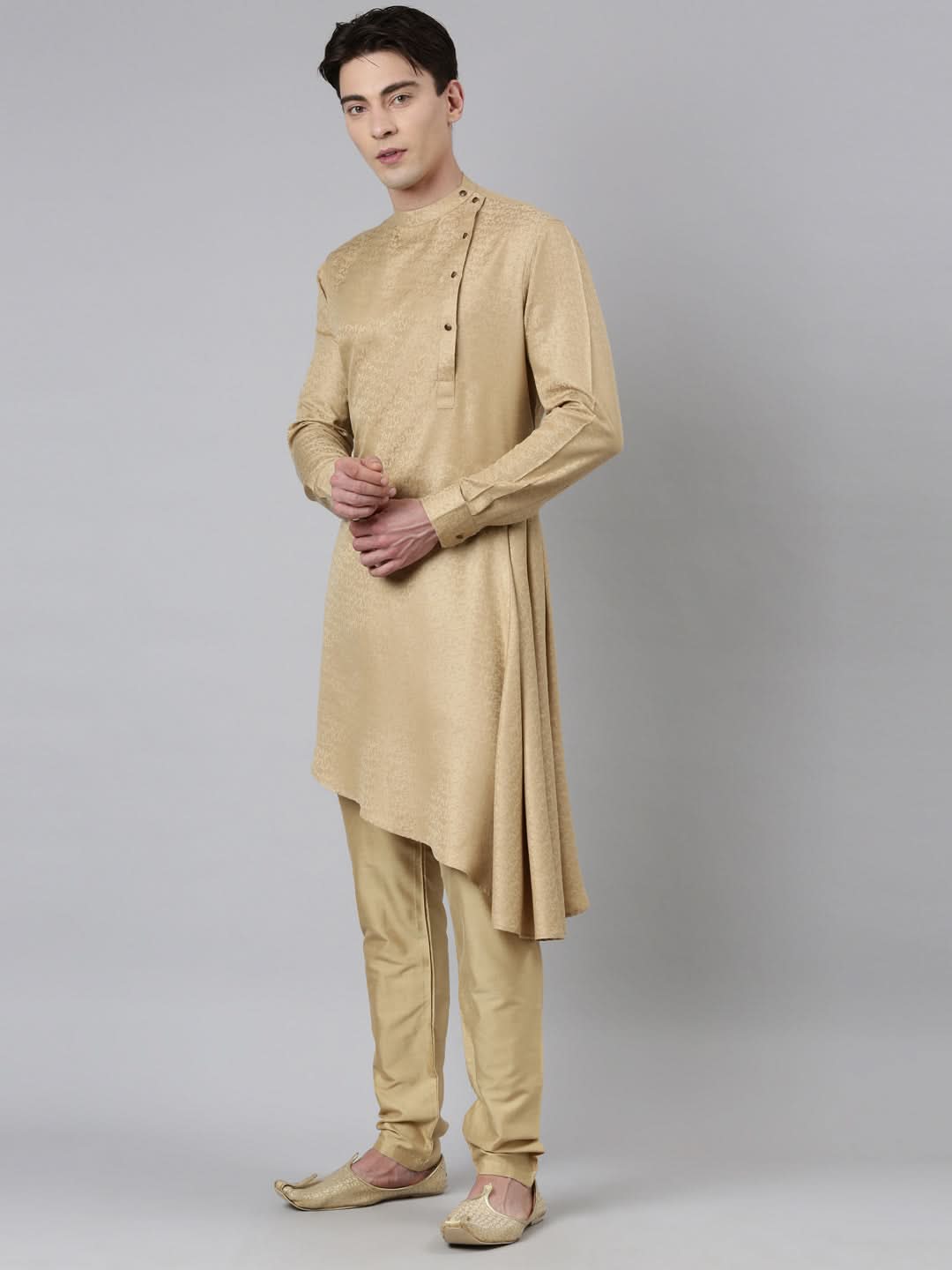 Printed Jacket With Self-Design Drape Side-Open Kurta