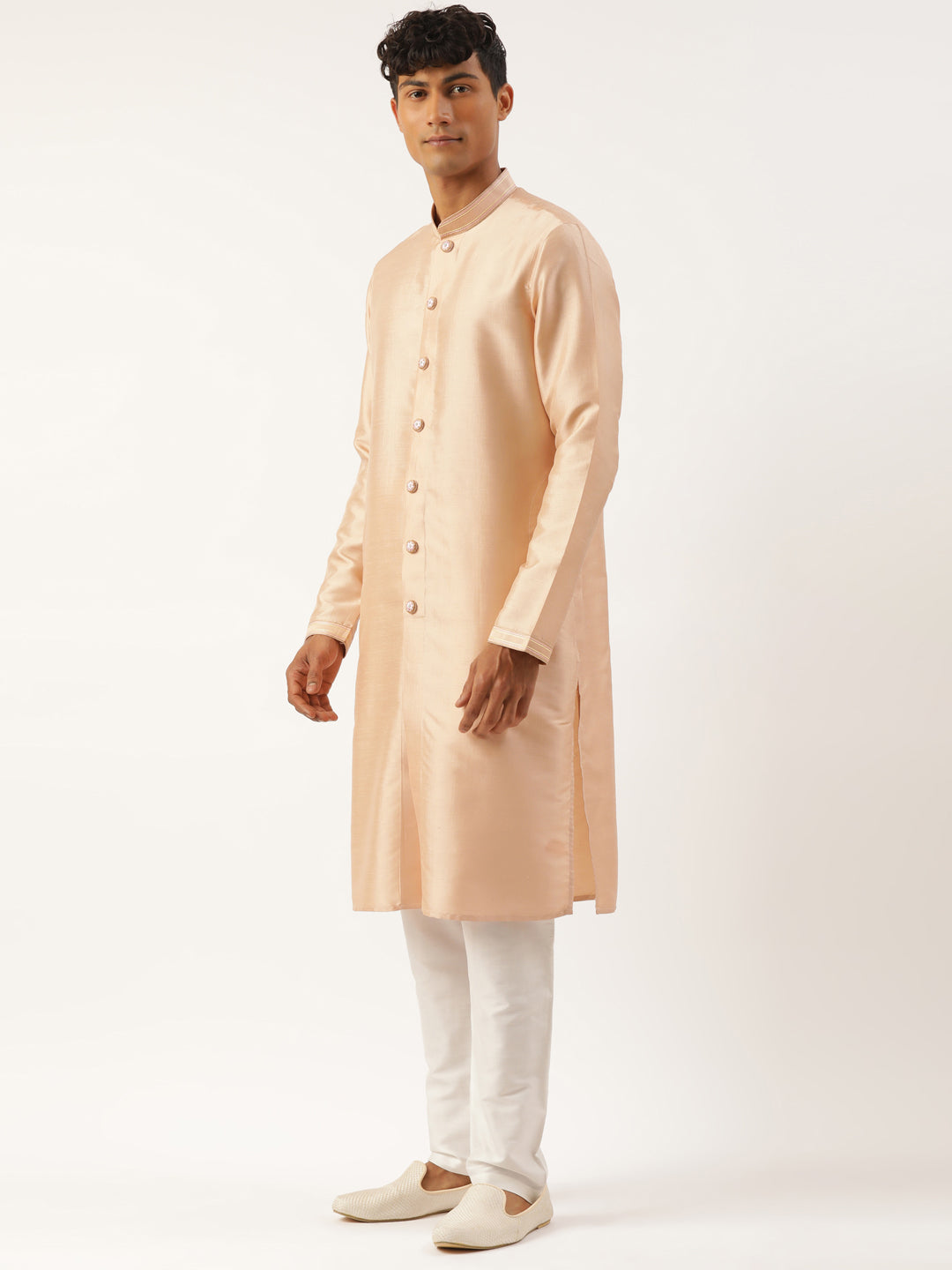 White Embroidered Open Indowestern Set