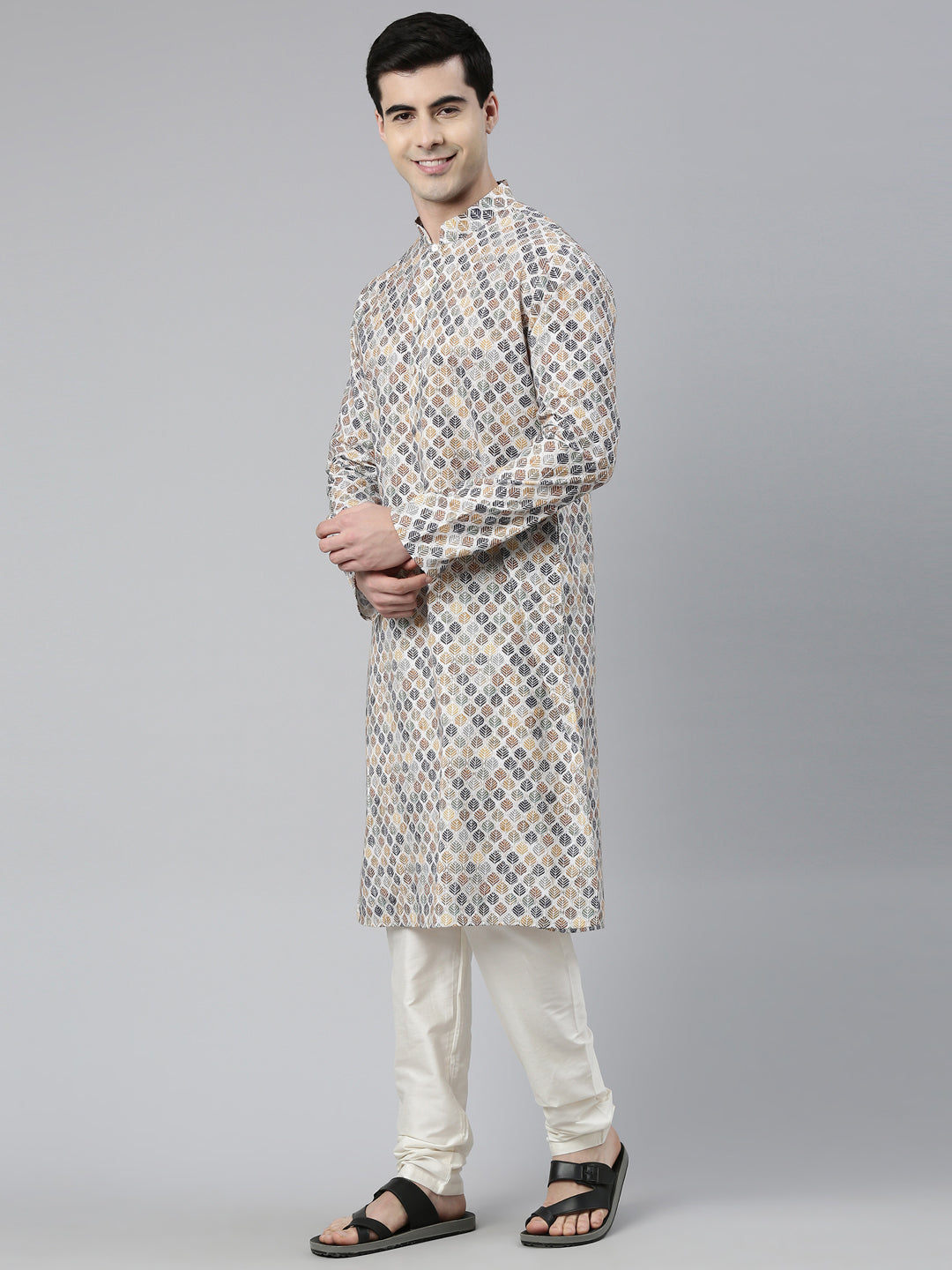 Beige Leaf Printed Kurta Set