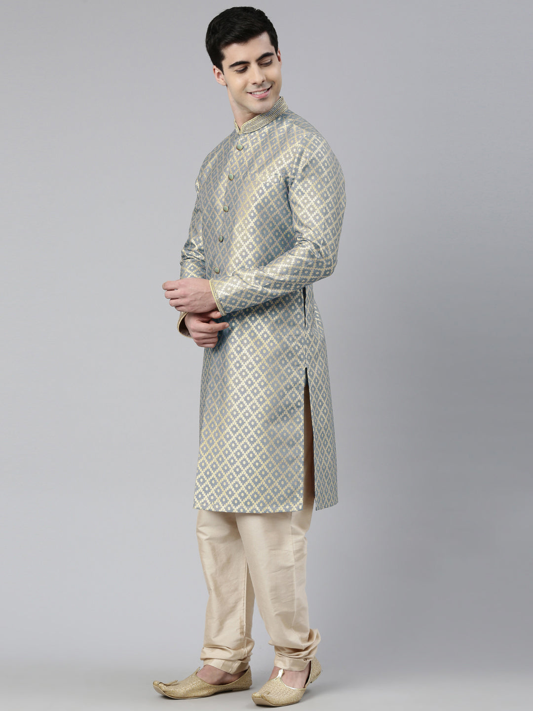 Grey with Golden Floral Jaal Open Kurta Set