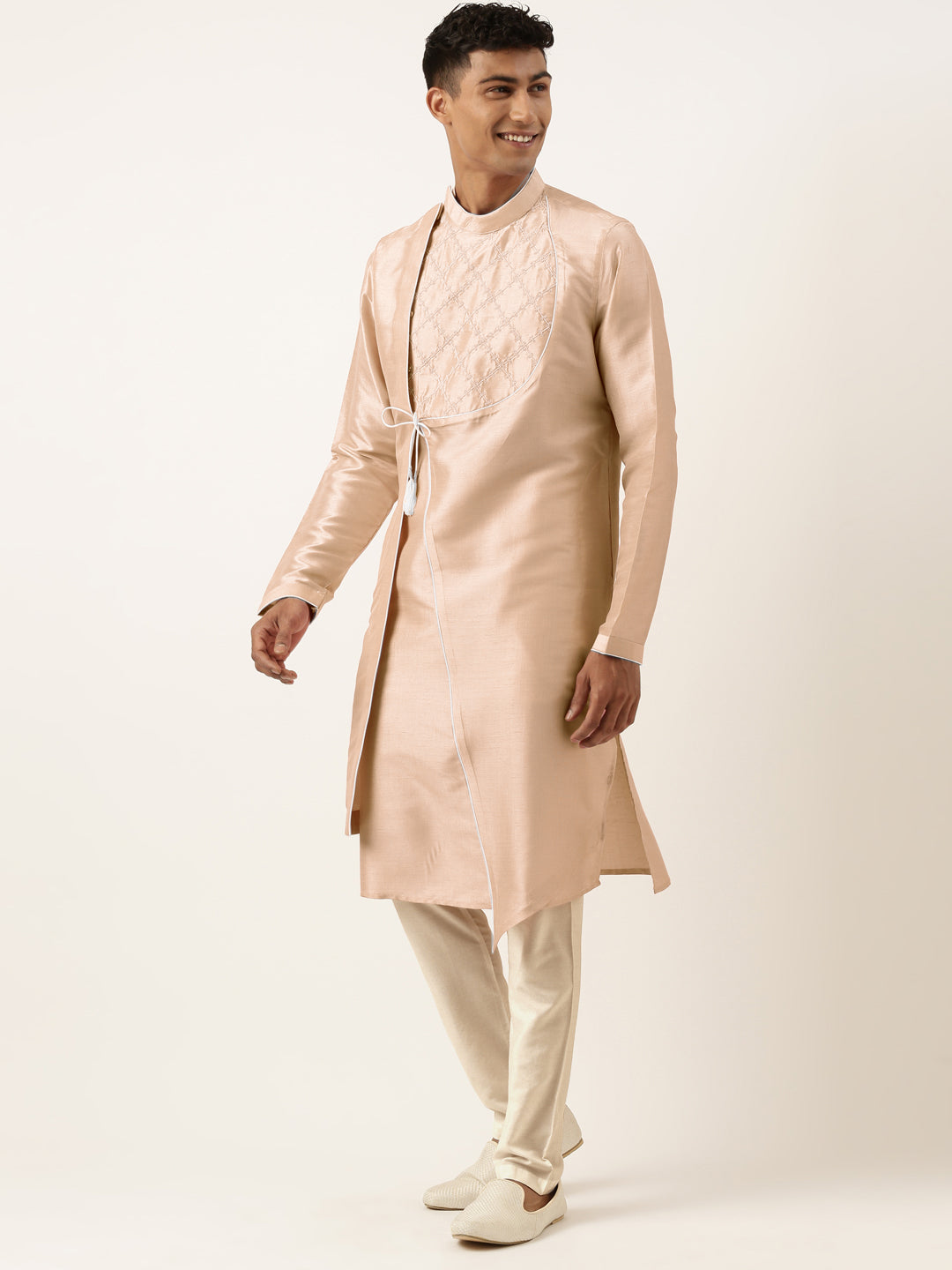 Peach Embroidery Angrakha Kurta Set