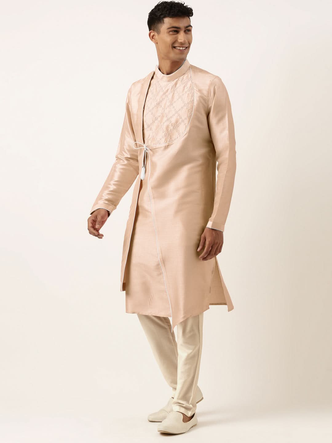 Peach Embroidery Angrakha Kurta Set