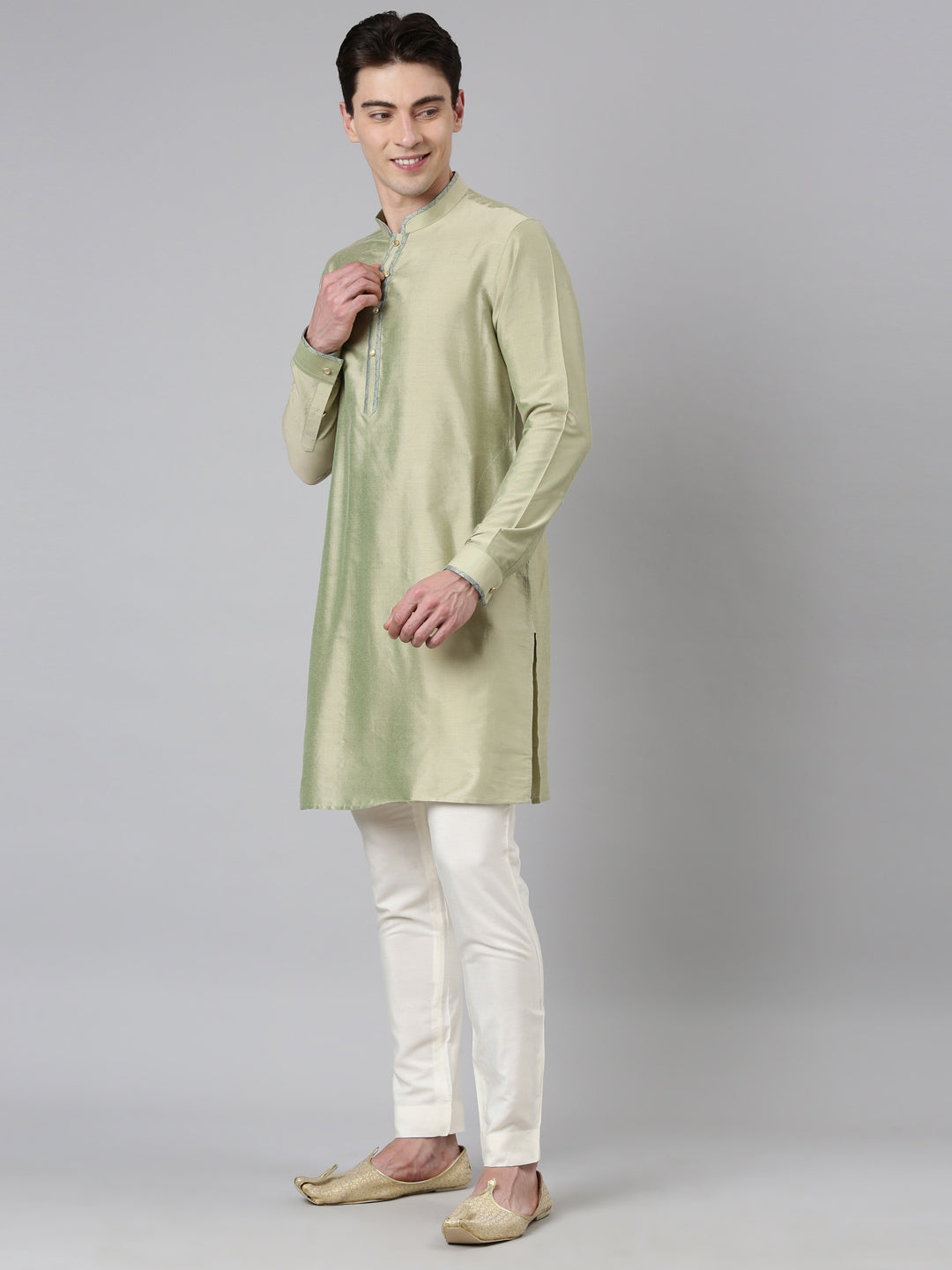Lime Green Blue Jacquard Quilted Jacket With Green Short Kurta