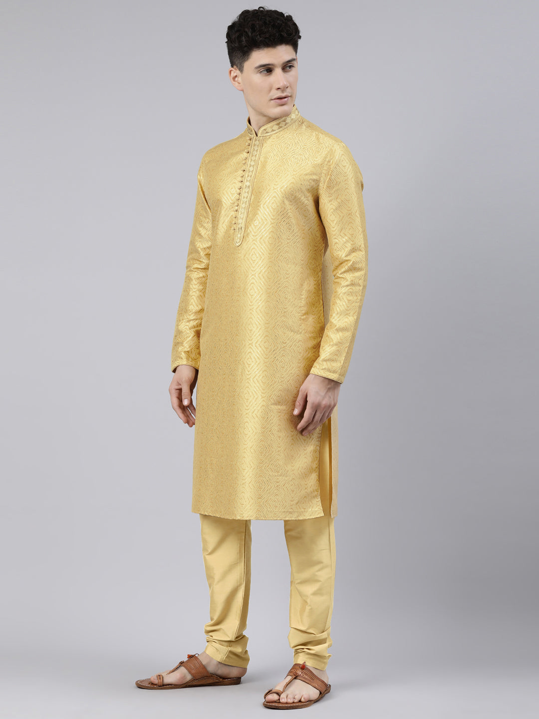 Golden Art Silk Kurta Set with Shining Golden Khadi Print