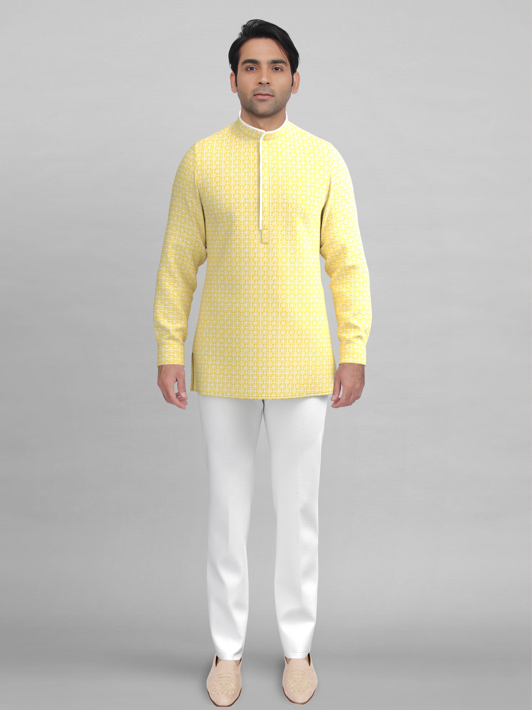 Yellow cotton embroidered Short Kurta