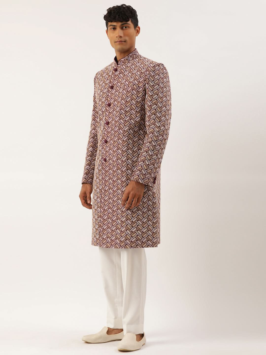 Wine Chikankari Embroidered Indo