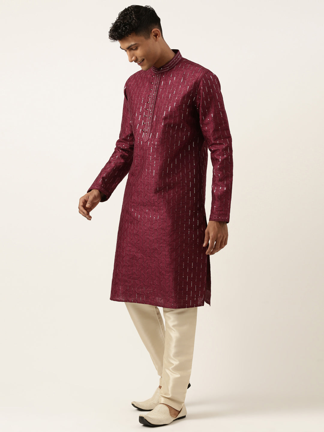 Wine Embroidered Kurta Set